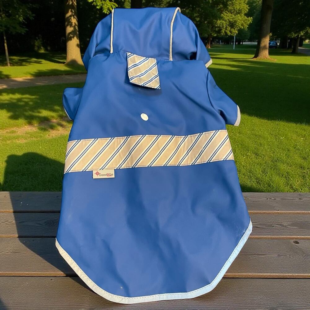 Good2Go XS Dog Raincoat Reversible Blue Striped Hooded Puppy Weather Jacket